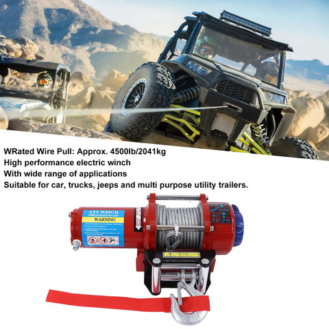 Heavy Duty 4500lb Electric Winch Kit with Roller Fairlead and Remote Control for Trucks Trailers SUVs shown in off-road setting.
