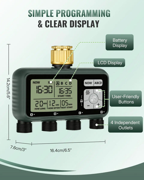 4 Zone Brass Sprinkler Timer With Rain Delay And Manual Mode display and controls with four independent outlets and clear LCD