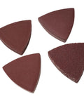 Get Your Projects Rock Solid With These 40PC 80mm Aluminum Triangle Sandpaper Discs, showing four triangular sandpaper discs for detail work.