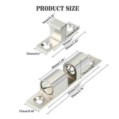 Diagram showing Double Roller Catch Cabinet Latches, Adjustable Ball Tension Brass Roller Catch with measurements in silver finish.