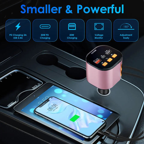 5 In 1 Ride Ready Retractable Car Charger With 90W Heavy Hitter Fast Charge in car cup holder with connected devices.