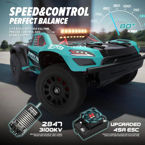 Brushless 4x4 RC Truck for Adults Hits 50 MPH, 1/14 Scale, 3S Electric Power detailing components and speed gauge