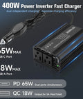 Heavy Duty 400W Power Inverter Transforms 12V DC To 110V AC With Dual Outlets And PD 65W USB C Plus QC 18W Port black device with dual AC sockets.