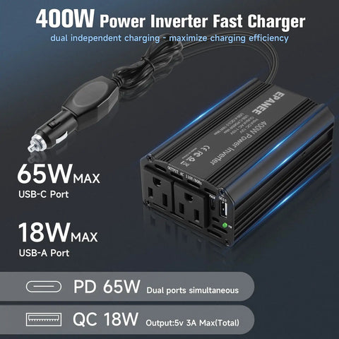 Heavy Duty 400W Power Inverter Transforms 12V DC To 110V AC With Dual Outlets And PD 65W USB C Plus QC 18W Port black device with dual AC sockets.