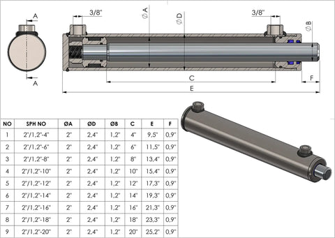 Double Acting Hydraulic Cylinder With 2 Inch Tube And 1.2 Inch Chrome Rod, 6 Inch Stroke, Beefy Heavy Duty Industrial Grade Performance, Precision Machined Components And Robust Seals For Demanding Applications. technical drawing with 3/8 ports and 2-inch bore