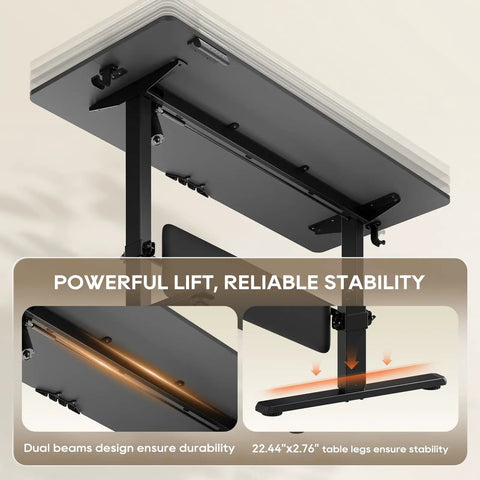 MALOL 56 Inch Electric Standing Desk With Adjustable Footrest Black, dual beams design, showcasing powerful lift features.