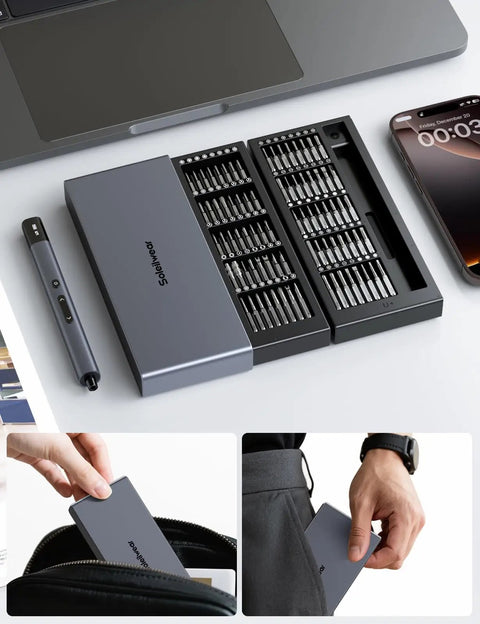 80-In-1 Mini Electric Precision Cordless Screwdriver With Five Torque Levels Up To 0.75 Nm And 500mAh Battery, shown with case