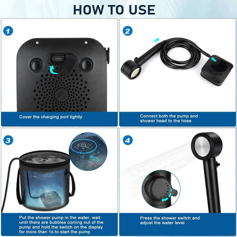 Rechargeable Camping Shower With 8000mAh Battery, 5 Speed Settings And 4 Spray Modes, LED Display, IPX8 Waterproof