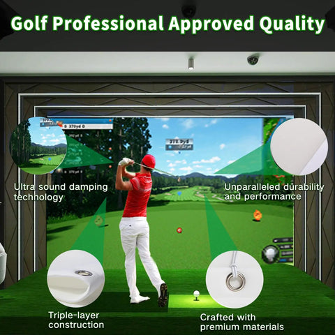 Golfer using Golf Simulator Impact Screen For Home Practice Ultra Durable Triple Layer Screen With HD Visuals indoors