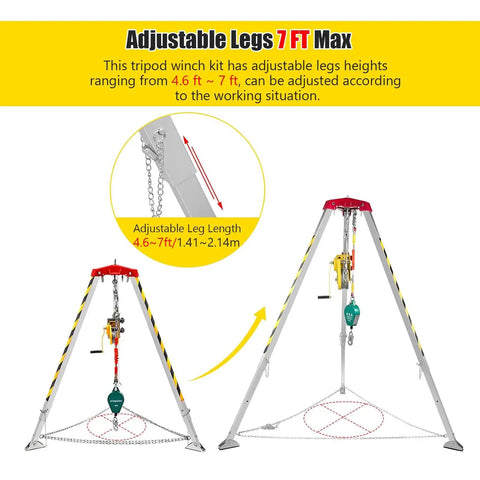 Portable Folding Aluminum Rescue Tripod For Tight Spaces Heavy Duty Fall Arrest Rig With Quick Winch Hookup and Lockdown Anti Drop Guard Gear, showing adjustable legs and winch system.