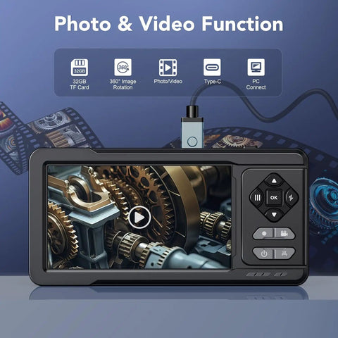 Dual Lens 5 Inch IPS Endoscope Camera With Lights Split Screen Borescope 1080P For Automotive And Home Use, front view with photo and video functions