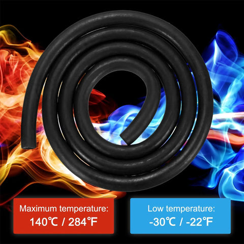 Beefy NBR Fuel Line Hose With 6Mm ID And 12Mm OD 4.9 Ft coiled against flame and frost background, temperature range shown.