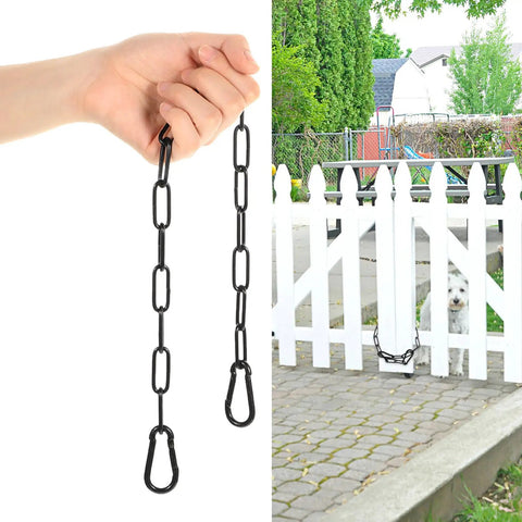 Tough As Nails 20 Inch Adjustable Metal Gate Chain Lock held in hand near a white fence with a dog, rust resistant, heavy duty carabiners.