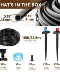 Contents of 110 Ft Quick-Connect Drip Irrigation Kit For Lawn, Garden And Greenhouse - DIY kit components and tubing displayed