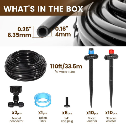 Contents of 110 Ft Quick-Connect Drip Irrigation Kit For Lawn, Garden And Greenhouse - DIY kit components and tubing displayed