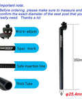 Aluminum Bike Seat Post 13.8 Inch 350mm With Micro Adjust Clamp, Adjustable Saddle Tilt overview with measurements and design features.