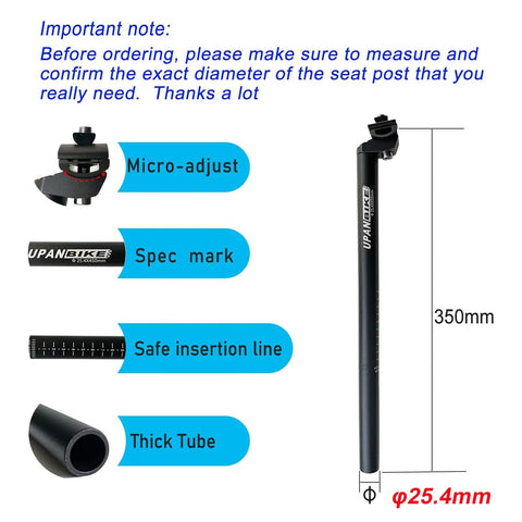 Aluminum Bike Seat Post 13.8 Inch 350mm With Micro Adjust Clamp, Adjustable Saddle Tilt overview with measurements and design features.