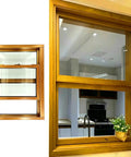 Heavy Duty Insulated Sliding Windows For Sheds Featuring Soundproof Tilt Glass And Warm Wood Grain Finish Smooth Flush Mount Replacement Dead Quiet Workshop Zero Sweat Setup, shown mounted with view to kitchen.