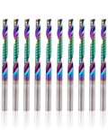Ten-pack O-flute up-cut router bits, 1/8-in shanks; solid carbide with DLC coating, rainbow finish.