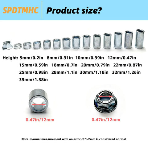 13Pcs M12 Industrial Steel Spacer Sleeve Bushing Kit With Lock Nut Includes 5mm 8mm 10mm 12mm 15mm 18mm 20mm 22mm 25mm 28mm 30mm 32mm 35mm For Motorcycle Dirt Bike ATV Mini Bike MX650 And Other Machines, steel spacer sizes