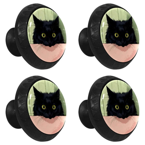 4 Pack Cartoon Black Cat Cabinet Knobs Set featuring cute black cat design against green background, glass knobs, ABS base