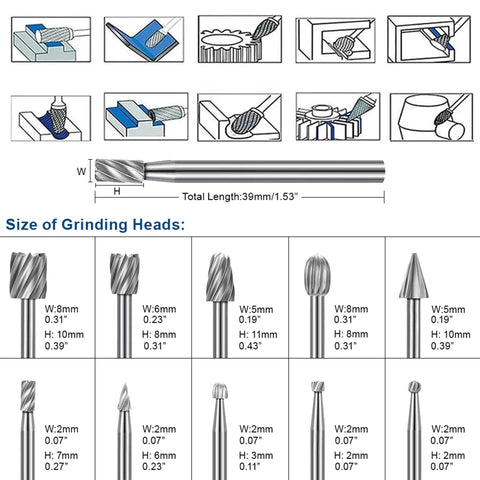 Diagram of grinding heads in 20 Piece HSS Titanium Coated Wood Carving Router Bit Set for DIY woodworking and engraving.