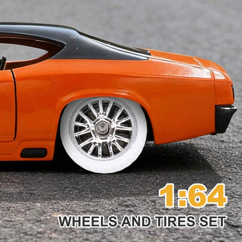 1 64th Scale RC Diecast Car Wheel And Tire Upgrade Set with Real Riders Rims and Axles in White and Silver Branch Design