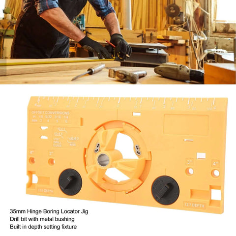Hinge boring locator jig, yellow 35mm with built-in depth setting fixture and cutter