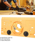 Front view of 35mm hinge boring locator jig, orange plastic with built-in depth setting and metal bushing