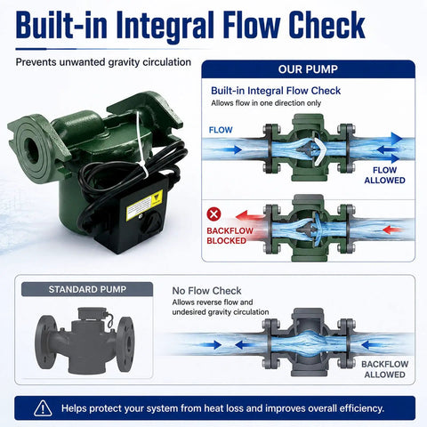 Rock Solid Cast Iron Circulator Pump For Underfloor Heating 115Volt 1/25Hp 60Hertz 3Speed Setup Flange Mount showing built-in flow check feature.