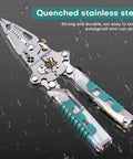 23 In 1 Foldable Go-To Electrical Pliers Multitool with quenched stainless steel in focus on a wet surface.