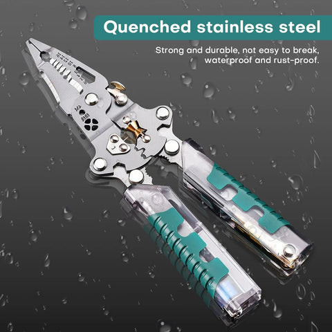 23 In 1 Foldable Go-To Electrical Pliers Multitool with quenched stainless steel in focus on a wet surface.