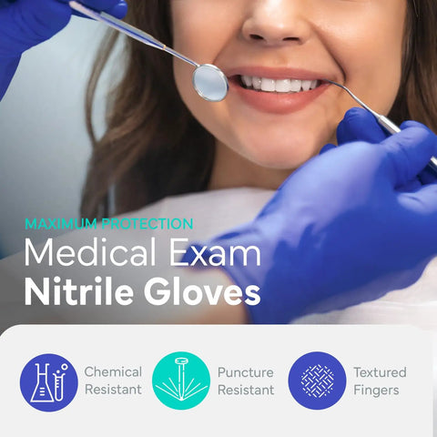 Dentist using Blue Nitrile Exam Gloves XL 100 Count Disposable Powder Free Latex Free Chemo Rated Clinic Grade on patient
