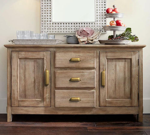 Wooden sideboard with antique brass zinc alloy cup drawer pulls set of 6 for kitchen cabinets, 5 inch hole center, installed view.