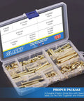 Premium Pro Grade Chicago Screws Assortment Kit M5 Brass Plated Binding Screw Posts organized in clear storage box, 160 pieces.
