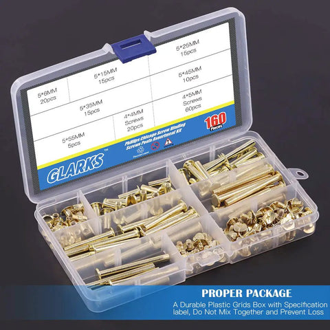 Premium Pro Grade Chicago Screws Assortment Kit M5 Brass Plated Binding Screw Posts organized in clear storage box, 160 pieces.
