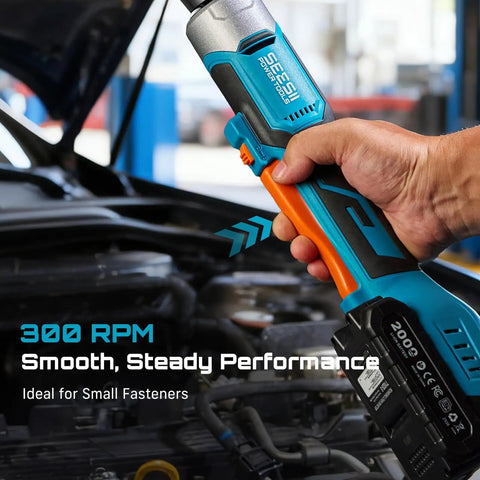 Cordless Ratchet Wrench Set With 60 Ft-Lbs Torque, Beast Power 21V Max, 300 RPM, in use on car engine, 2Ah battery visible