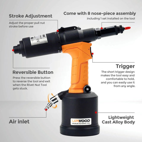 Heavy Duty Air Hydraulic Rivet Nut Tool With Reversible Button, Pro Grade Pneumatic Riveter and Auto Rivet Nut Gun Kit