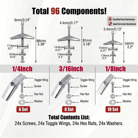 Heavy Duty Carbon Steel Toggle Bolts Wall Anchors Kit With Anti Spin Design For Drywall Cabinets And Picture Frames One Eighth Inch Three Sixteenth Inch One Quarter Inch Includes Hex Nuts And Washers 24 Sets diagram
