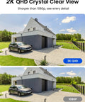 Comparison of outdoor scene in 2K QHD and 1080p, showing a modern house, driveway, and car with enhanced clarity in 2K QHD.