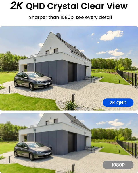 Comparison of outdoor scene in 2K QHD and 1080p, showing a modern house, driveway, and car with enhanced clarity in 2K QHD.