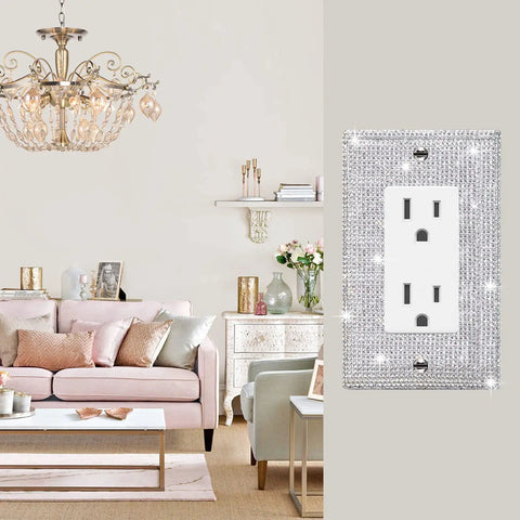 Shiny Silver Rhinestones Wall Plate Cover One Piece With Crystals For Single Toggle Switches And Outlet Covers in living room