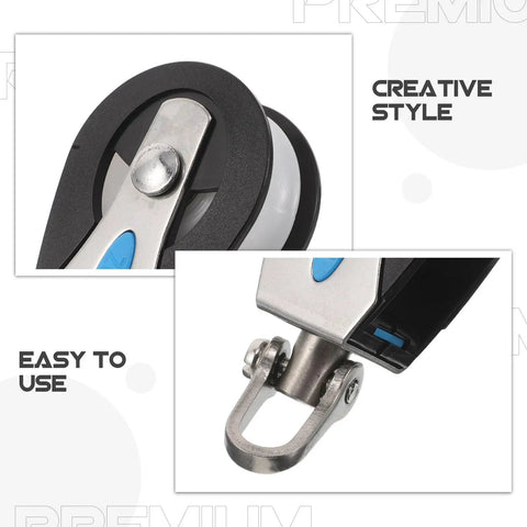 Close-up of Stainless Steel Nylon Marine Pulley Block With Single Bearing Swivel showing details of durable design and hardware.