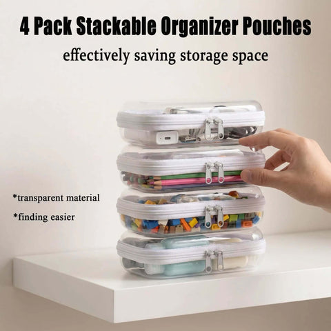 Tough As Nails Clear Hard Shell Zipper Pouches, 4 Pack Crush Proof Organizers stacked on a shelf, showcasing transparent design.