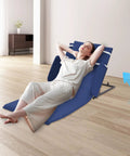 Adjustable Electric Lift Backrest For Bed With Strong Steel Frame And Thick Sponge Lumbar Support Up To 330 Pounds, woman reclining in a blue backrest.