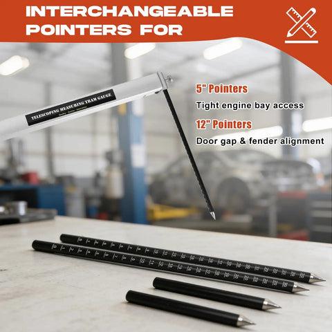 Telescoping Measuring Tram Gauge For Pros And DIY Builders Adjustable 28 Inches To 10 Feet Lightweight Aviation Aluminum Tool With Metric And US Markings Four Pointers For Precise Alignment In Car Repair Construction And Machinery Maintenance. 5 inch and 12 inch pointers shown