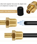 Heavy Duty Brass Air Compressor Adapter 2 Pack 1/4 Inch Npt Male To Standard Schrader Valve With Zero Drip Sealing Caps, easy installation shown.