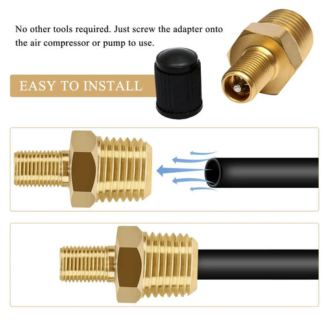 Heavy Duty Brass Air Compressor Adapter 2 Pack 1/4 Inch Npt Male To Standard Schrader Valve With Zero Drip Sealing Caps, easy installation shown.