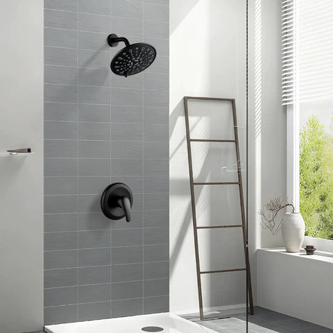 Top Shelf Matte Black Shower Faucet Set With Pressure Balance Valve Six Spray Modes Rainfall Showerhead Wall Mount Bathroom Fixtures Built Tough No Hassle