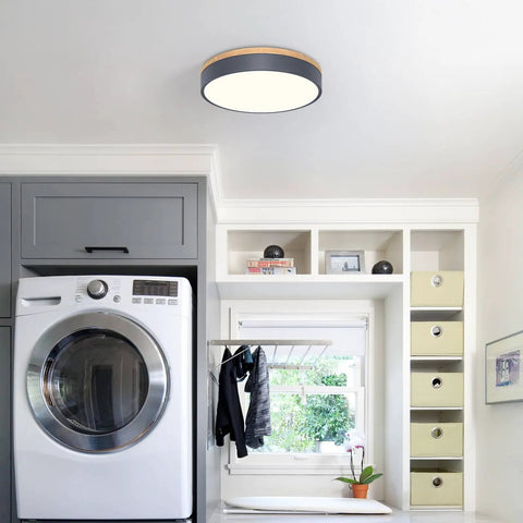 Laundry room with Dimmable Wood Oak Ceiling Light Fixture In Modern Gray LED Flush Mount With 5CCT Circular Minimalist Design